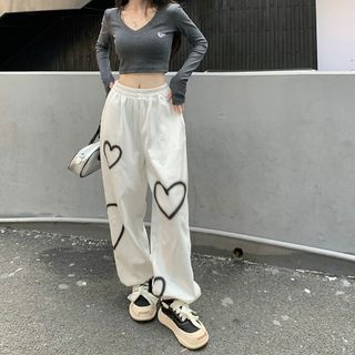 Long-Sleeve V-Neck Lettering Embroidered Crop T-Shirt / Elastic Waist Heart Print Harem Sweatpants WI20 MK Kawaii Store