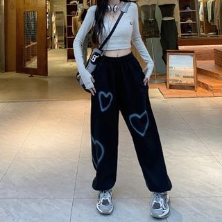 Long-Sleeve V-Neck Lettering Embroidered Crop T-Shirt / Elastic Waist Heart Print Harem Sweatpants WI20 MK Kawaii Store