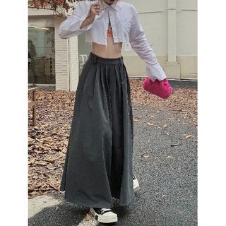 Long-Sleeve Plain Crop Shirt / High Rise Pleated Maxi A-Line Skirt WI30 MK Kawaii Store