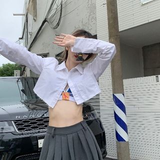 Long-Sleeve Plain Crop Shirt / High Rise Pleated Maxi A-Line Skirt WI30 MK Kawaii Store