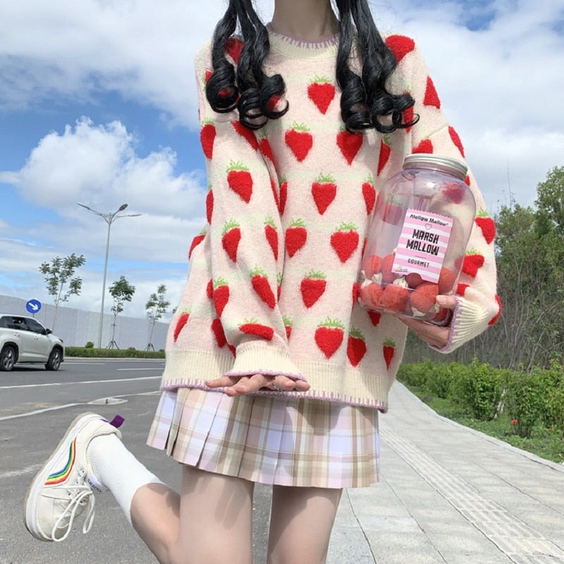 strawberry print oversized sweater - Cupcake MK Kawaii Store