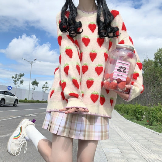 strawberry print oversized sweater - Cupcake MK Kawaii Store