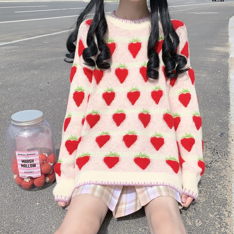 strawberry print oversized sweater - Cupcake MK Kawaii Store