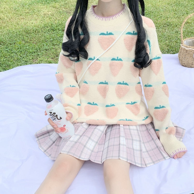 strawberry print oversized sweater - Cupcake MK Kawaii Store