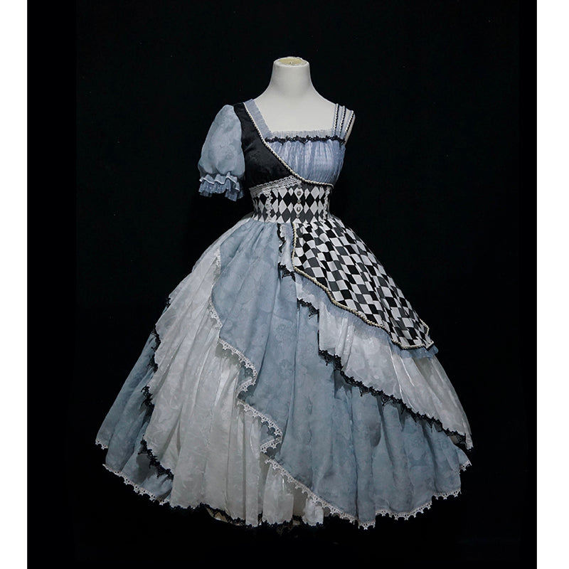 alice in wonderland black and white dress Blue & White Diamond Pattern Sweet Lolita OP Dress + White Apron Alice in Wonderland Vibes