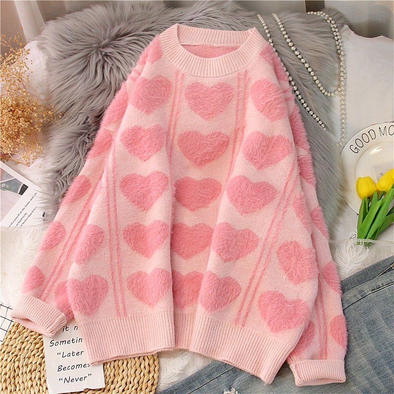 heart print oversized sweater - Cupcake MK Kawaii Store