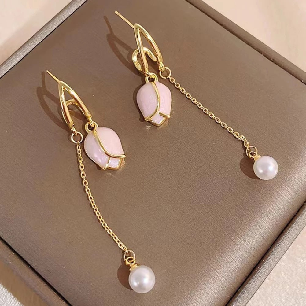 Pink tulip fringe long pearl earrings MK18474 MK Kawaii Store