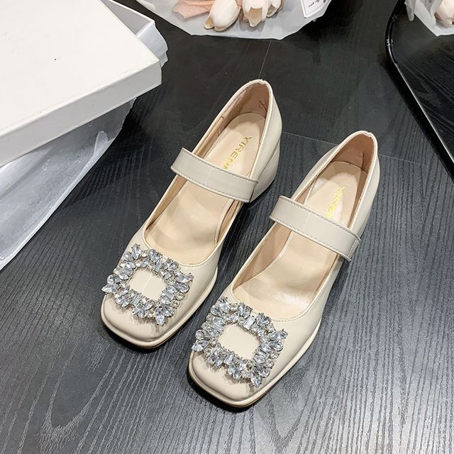 Rhinestone Block Heel Mary Jane Shoes cc28 MK Kawaii Store