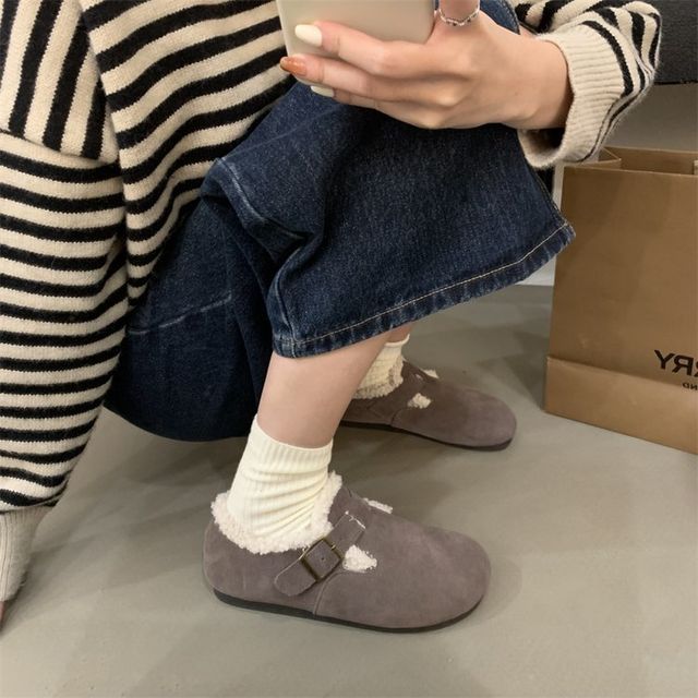 Buckled Faux Suede Fleece Slip Ons BH29 MK Kawaii Store