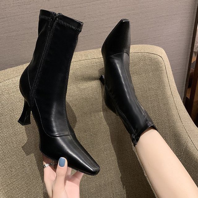 Pointy-Toe Plain Stiletto Heel Short Boots cc12 MK Kawaii Store