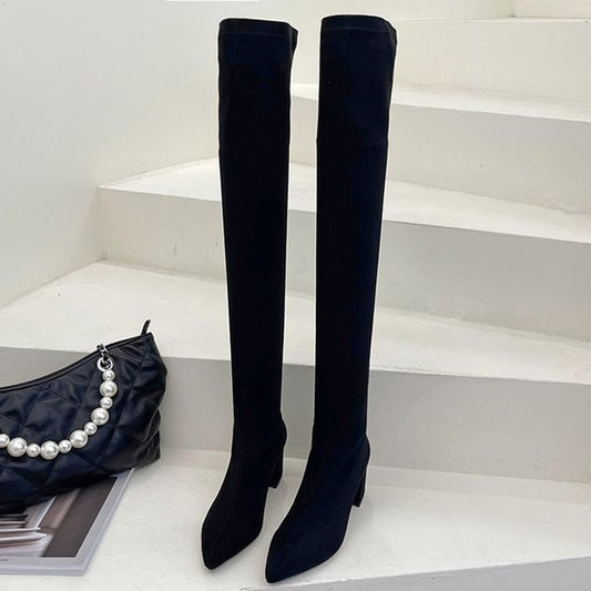 Pointy-Toe Plain Chunky Heel Over-The-Knee Boots cc13 MK Kawaii Store