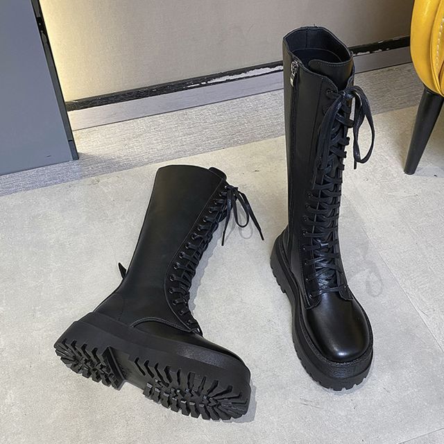 Plain Lace-Up Platform Tall Boots cc11 MK Kawaii Store