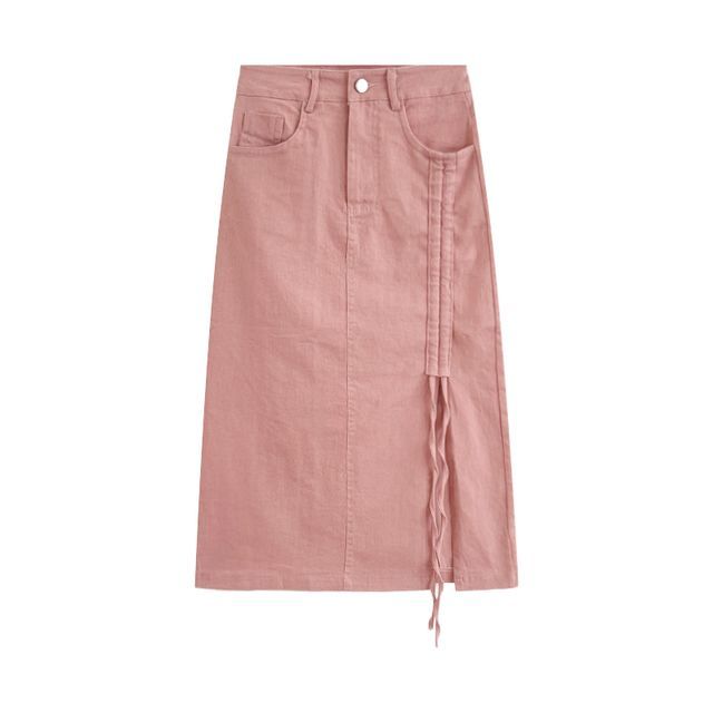 High Waist Drawstring Denim Midi Pencil Skirt EE5 MK Kawaii Store