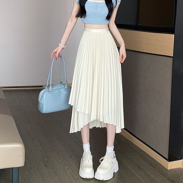 High Waist Irregular Accordion Pleated Midi A-Line Skirt EE22 MK Kawaii Store