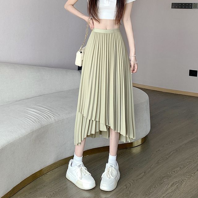 High Waist Irregular Accordion Pleated Midi A-Line Skirt EE22 MK Kawaii Store