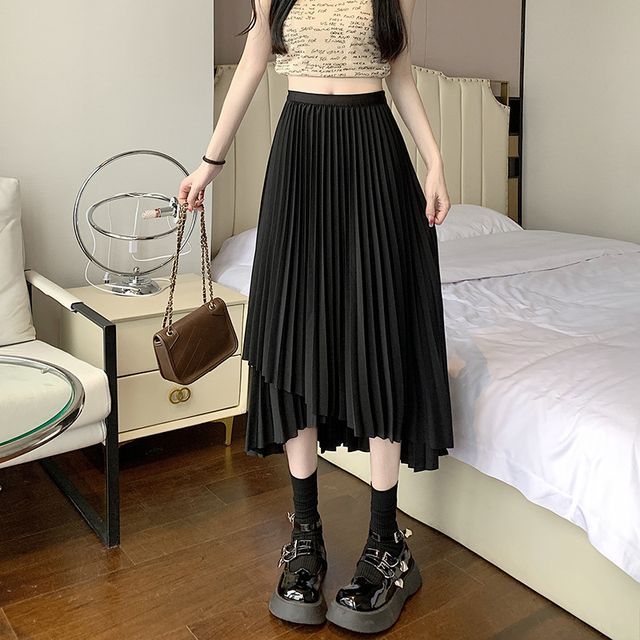 High Waist Irregular Accordion Pleated Midi A-Line Skirt EE22 MK Kawaii Store