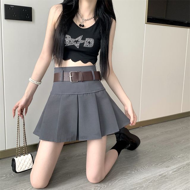 High Waist Plain Pleated Mini A-Line Skirt EE25 MK Kawaii Store