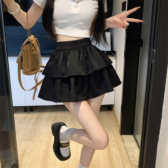 High Waist Plain Layered Mini A-Line Skirt EE27 MK Kawaii Store