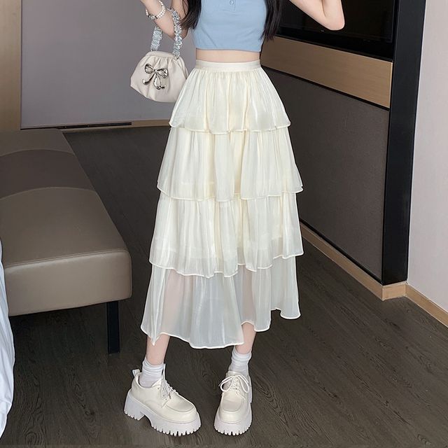 High Waist Plain Layered Midi A-Line Skirt MK18962 MK Kawaii Store