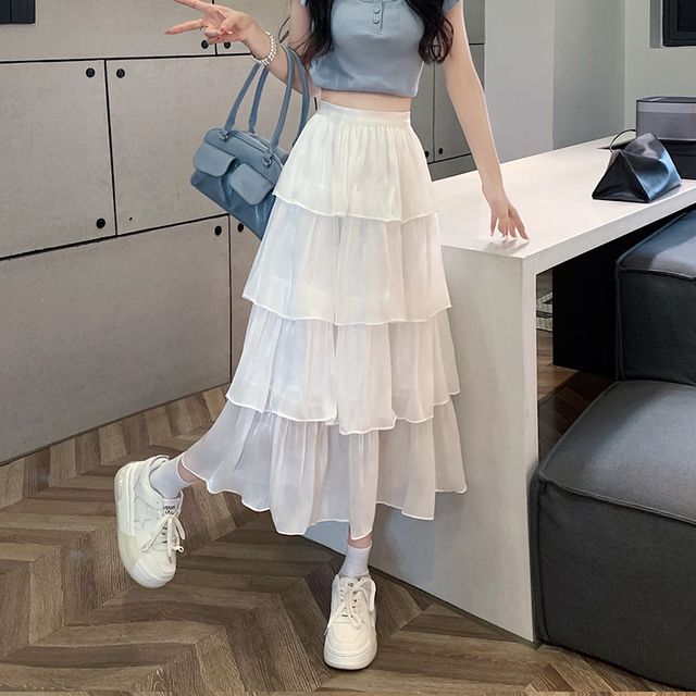 High Waist Plain Layered Midi A-Line Skirt MK18962 MK Kawaii Store