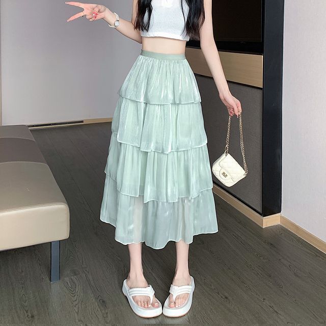 High Waist Plain Layered Midi A-Line Skirt MK18962 MK Kawaii Store