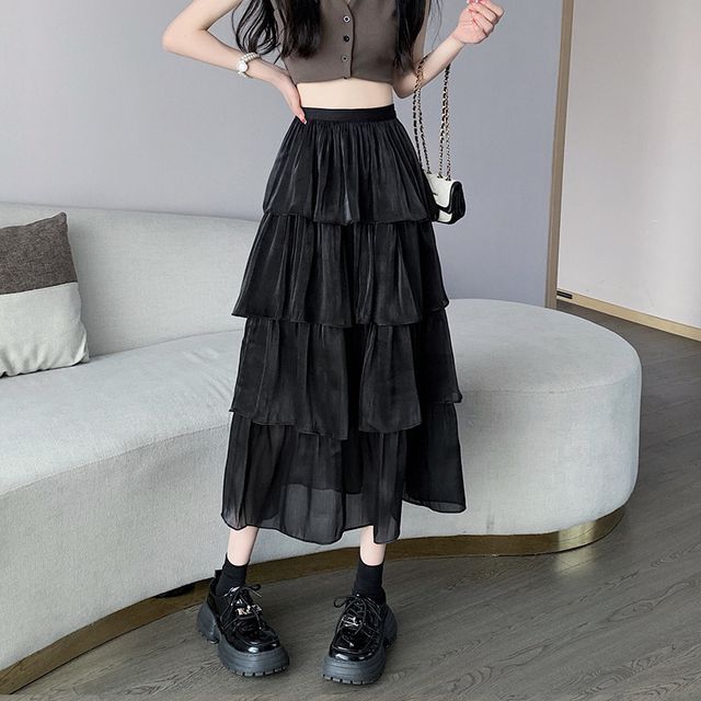 High Waist Plain Layered Midi A-Line Skirt MK18962 MK Kawaii Store