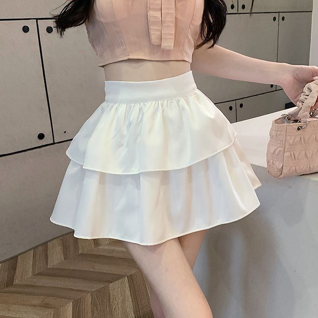 High Rise Plain Layered Mini A-Line Skirt EE31 MK Kawaii Store