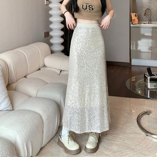 High Rise Sequin Midi A-Line Skirt EE33 MK Kawaii Store