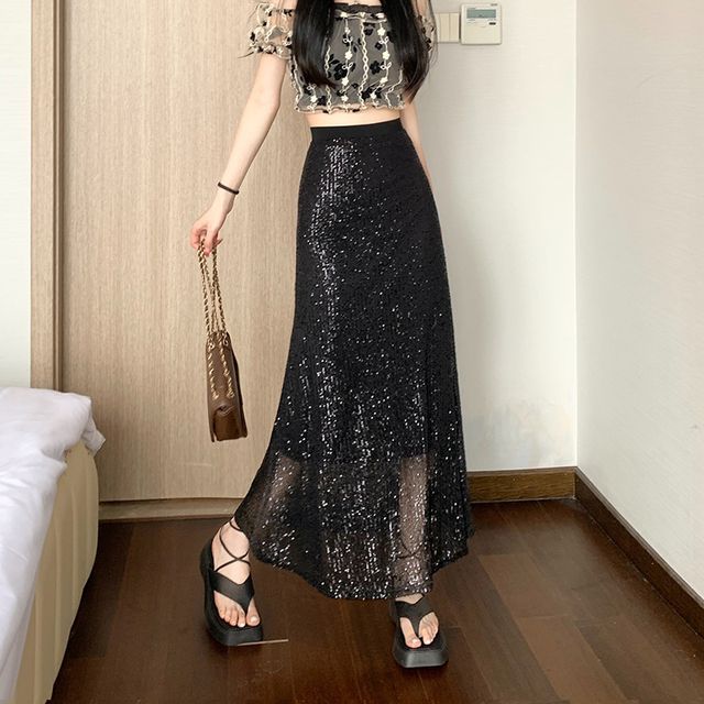 High Rise Sequin Midi A-Line Skirt EE33 MK Kawaii Store