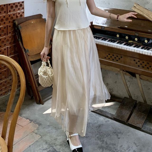 Puff-Sleeve Mandarin Collar Cropped Blouse / Plain Midi A-Line Skirt EE15 MK Kawaii Store