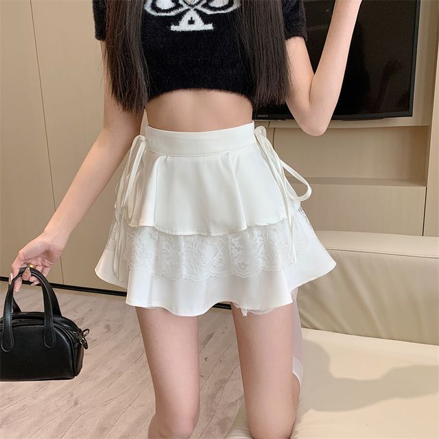 Balletcore High Rise Lace Panel Layered Mini A-Line Skirt EE13 MK Kawaii Store