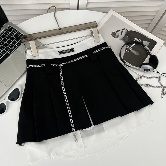 High Rise Pleated Mock Two Piece Mini A-Line Skirt with Chain Belt EE20 MK Kawaii Store