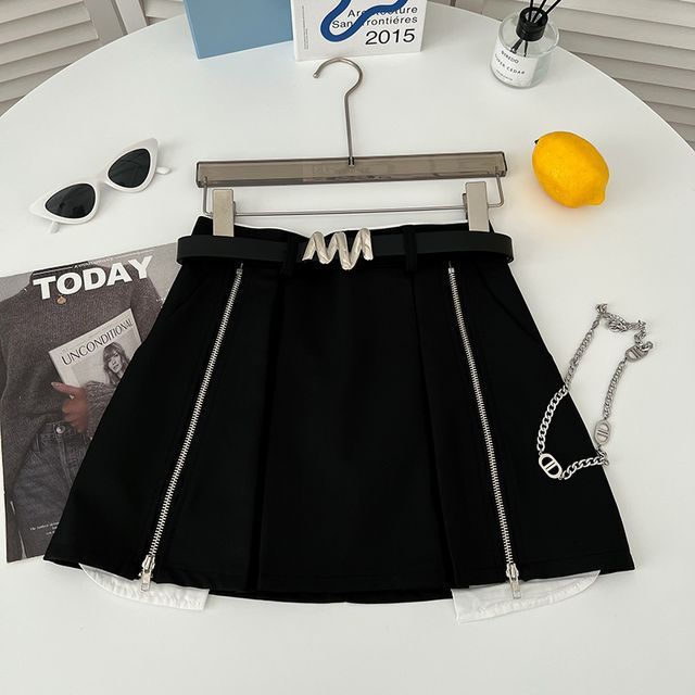 Set: High Waist Pleated Zip Mini A-Line Skirt + Belt EE30 MK Kawaii Store