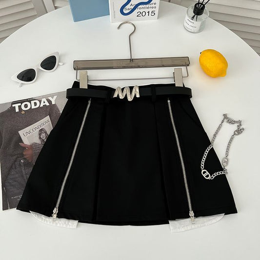 Set: High Waist Pleated Zip Mini A-Line Skirt + Belt EE30 MK Kawaii Store
