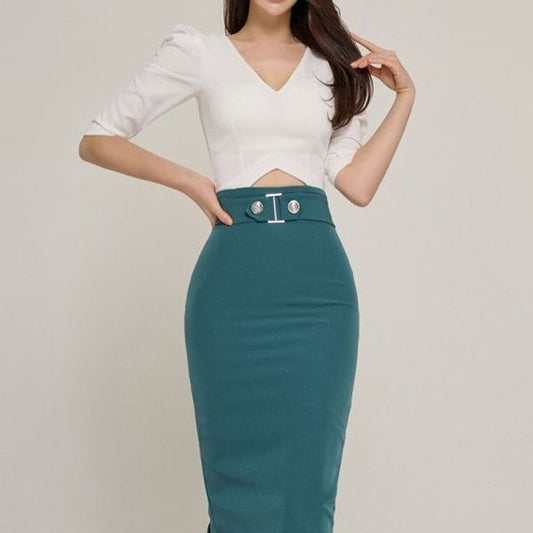 Set: Elbow-Sleeve V-Neck Cropped Blouse + High Waist Midi Pencil Skirt EE12 MK Kawaii Store