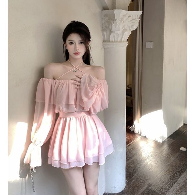 Cold-Shoulder Ruffle Trim Blouse / Layered Mini A-Line Skirt EE14 MK Kawaii Store