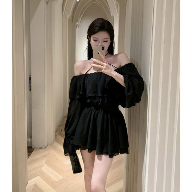 Cold-Shoulder Ruffle Trim Blouse / Layered Mini A-Line Skirt EE14 MK Kawaii Store