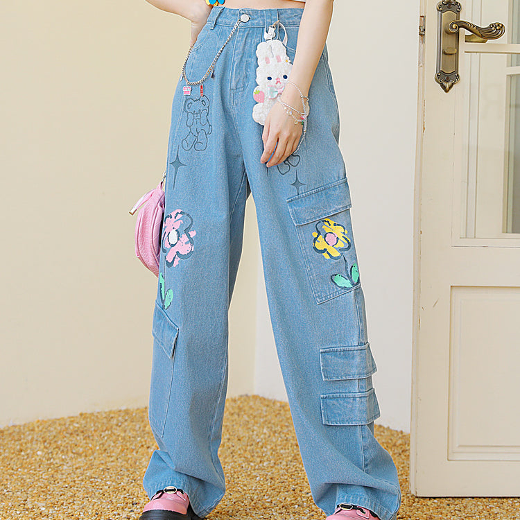 Y2K Style Denim Baggy Blue Bear Pants ON625 MK Kawaii Store