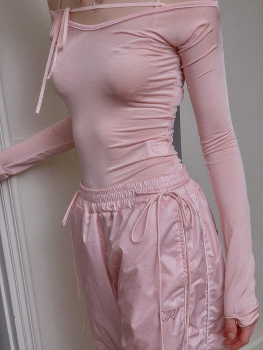 Pink Slim Long Sleeve Top Black Lace Up Cargo Pants Y2k - Heartzcore MK Kawaii Store