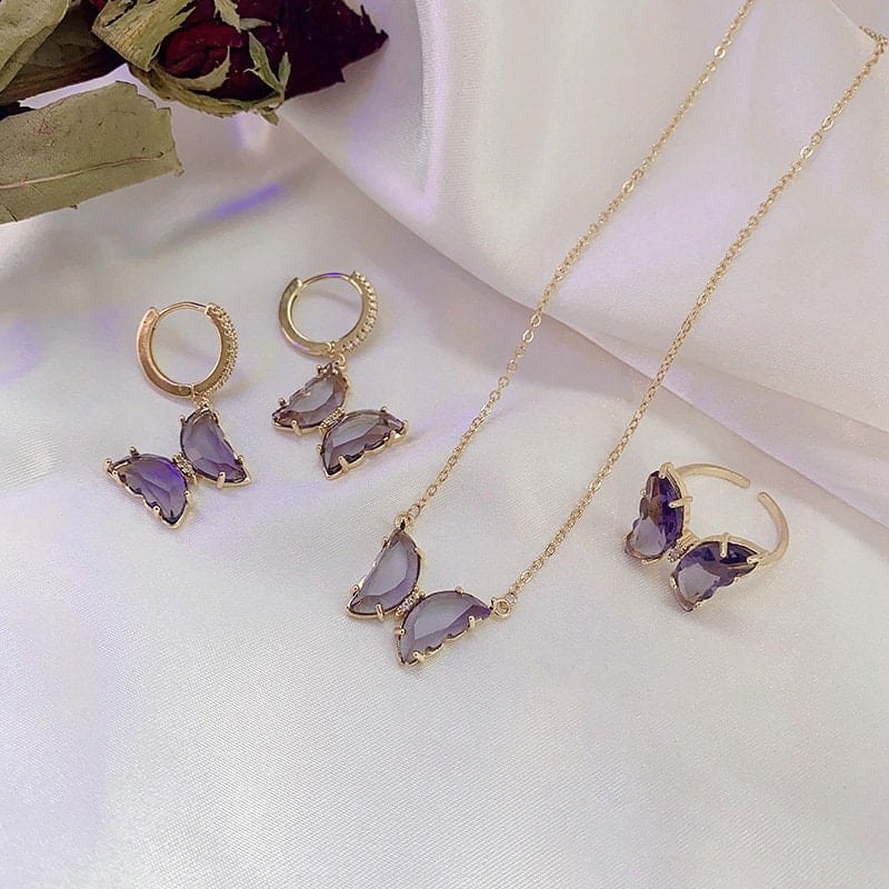 Dainty CZ Inlaid Crystal Butterfly Necklace Earrings Ring Set LIN68 - mkkawaiishop