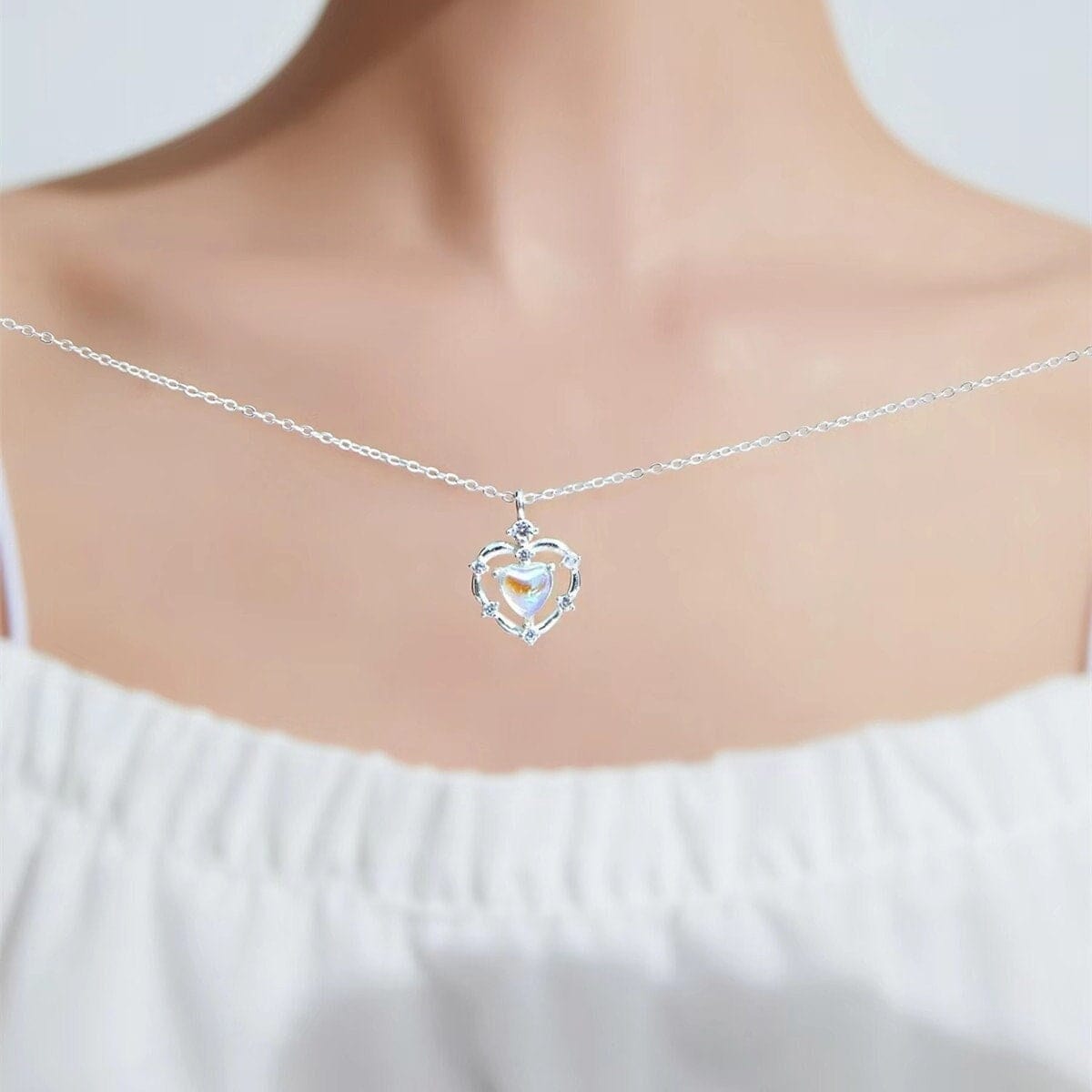 Dainty CZ Inlaid Opal Heart Pendant Choker Necklace MK Kawaii Store