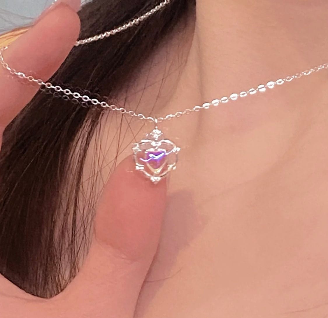 Dainty CZ Inlaid Opal Heart Pendant Choker Necklace MK Kawaii Store