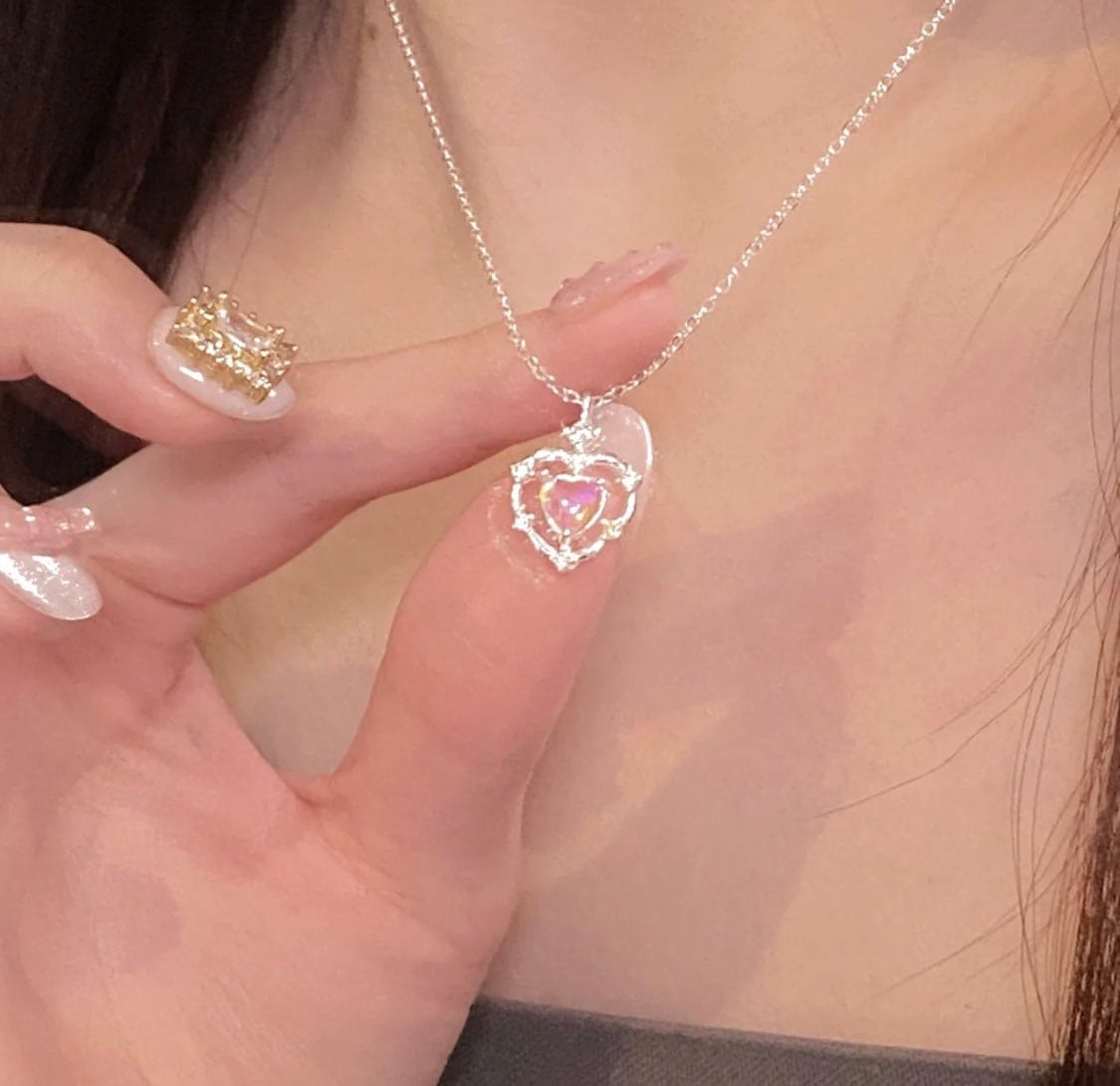 Dainty CZ Inlaid Opal Heart Pendant Choker Necklace MK Kawaii Store