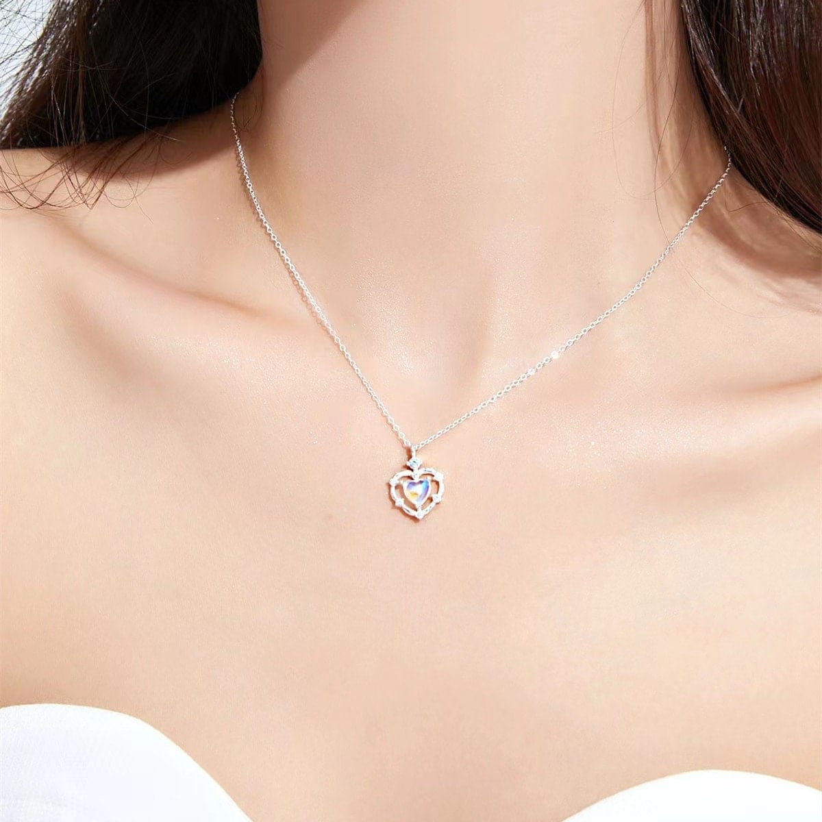 Dainty CZ Inlaid Opal Heart Pendant Choker Necklace MK Kawaii Store