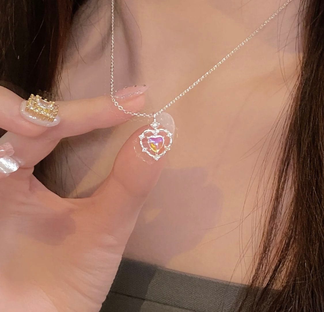 Dainty CZ Inlaid Opal Heart Pendant Choker Necklace MK Kawaii Store