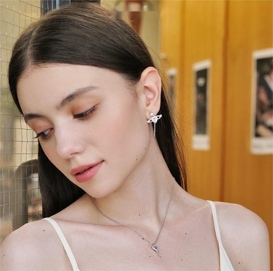 Pink Heart Wings Earrings MK18607 MK Kawaii Store