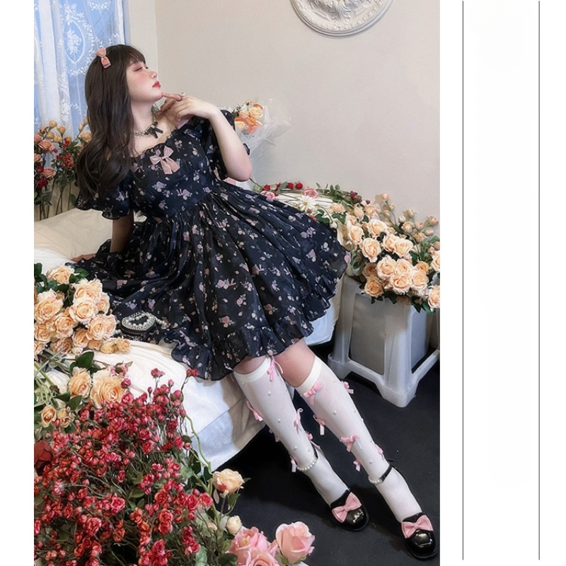 Princess Pink Roses Black Casual Lolita Dress ON803 KawaiiMoriStore