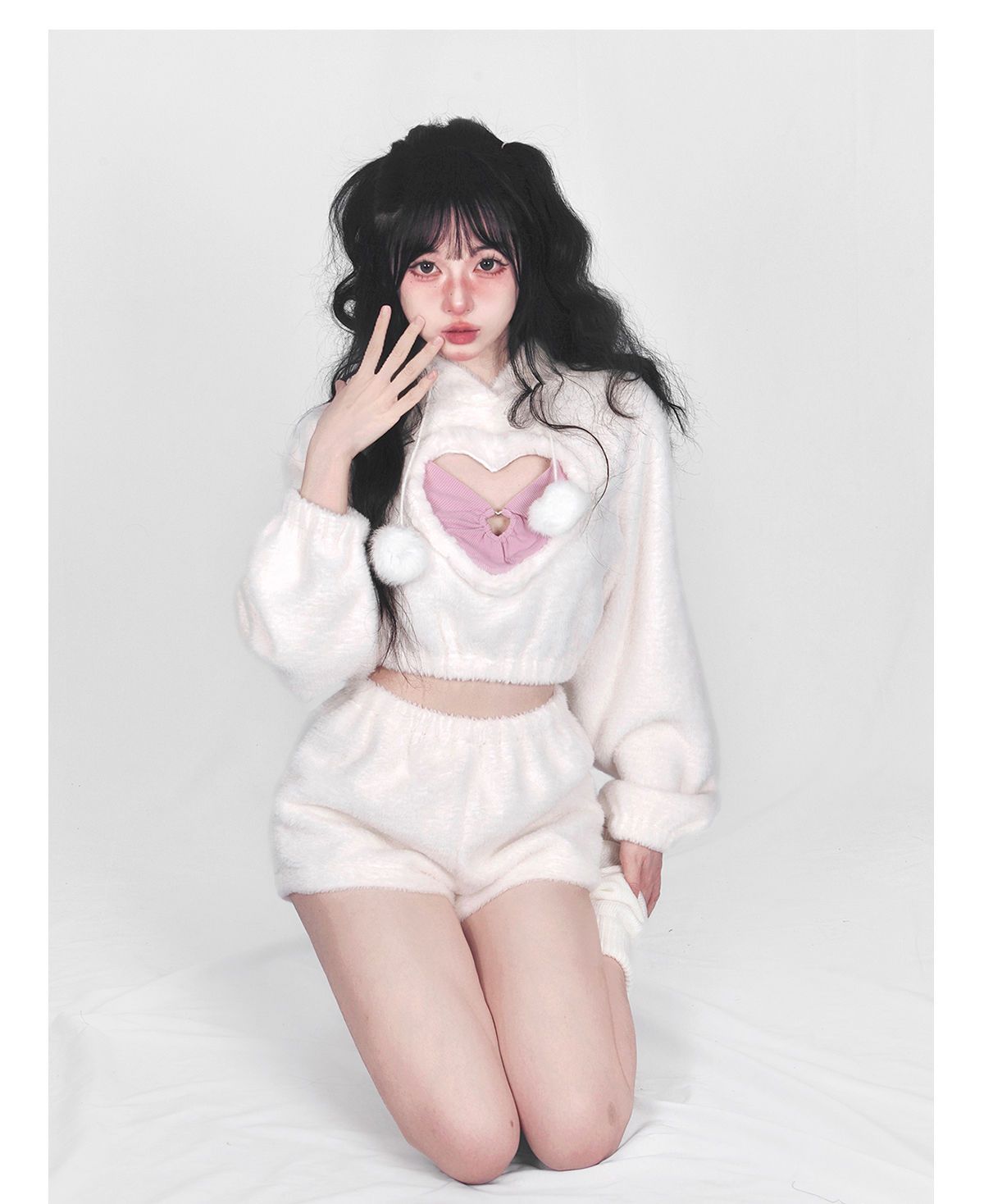 Cute White Hoodie Heart Two Piece Set Susan