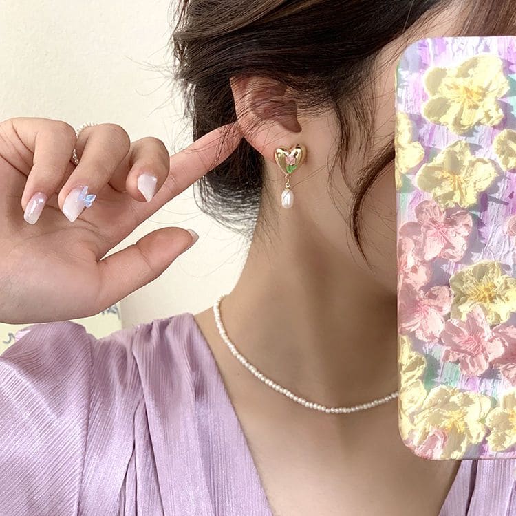 French Tulip Love-Heart Pearl Earrings MK18959 MK Kawaii Store