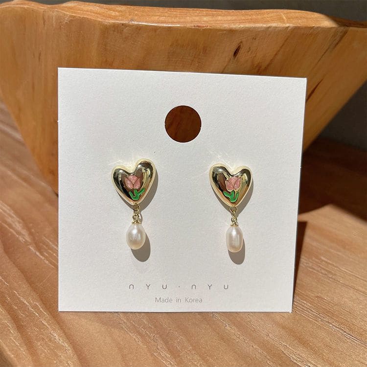 French Tulip Love-Heart Pearl Earrings MK18959 MK Kawaii Store